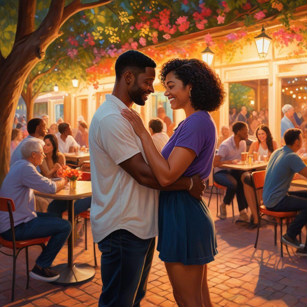 An intimate scene of diverse couples sharing heartfelt moments, like giving flowers, hugging, or holding hands, surrounded by warm ambient lighting. Couples are of various ages, races, and sexual orientations to embody inclusivity. The background features a cozy park or a quaint café setting. painting. vibrant colors.