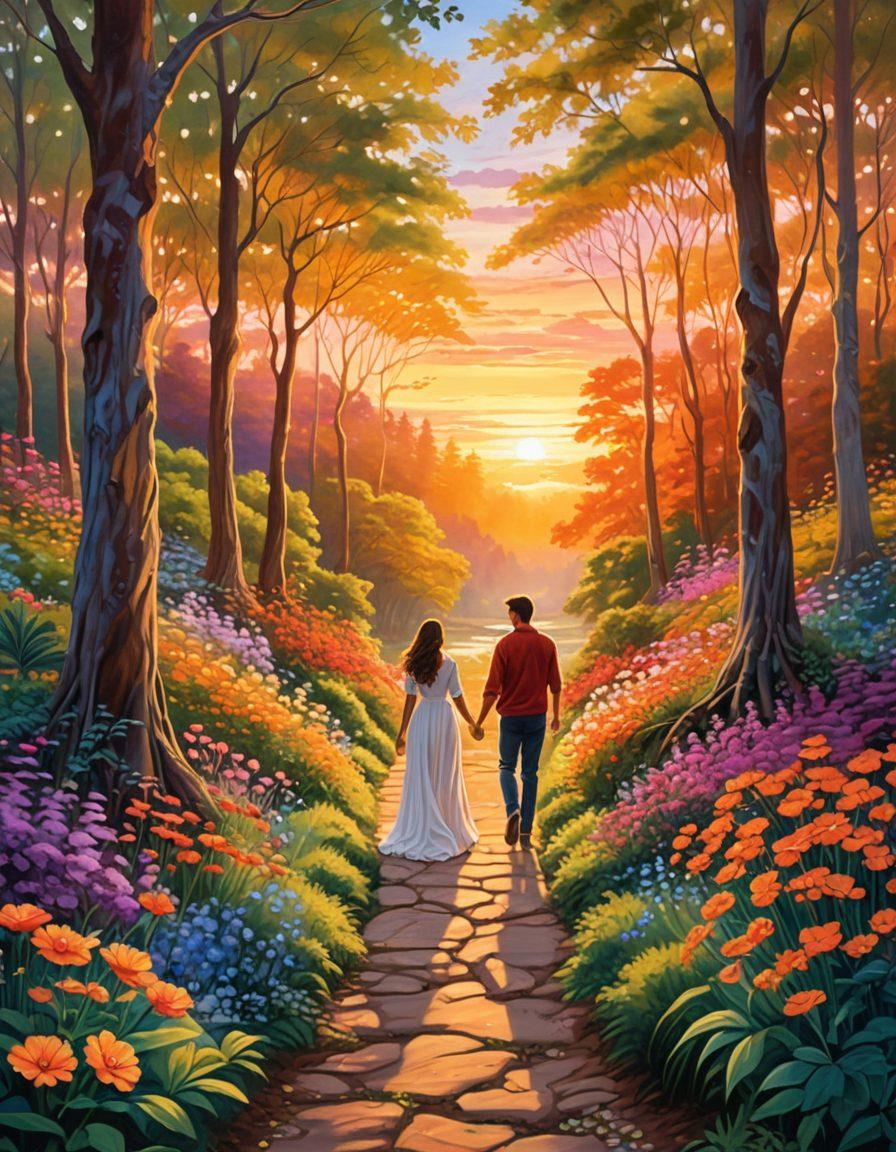 A beautifully illustrated couple holding hands, standing on a winding path through a lush, vibrant forest. The path is lined with blooming flowers and love symbols, like hearts and cupid arrows. In the background, there are ethereal, glowing outlines of couples from various cultures sharing tender moments. The sky is painted in warm, romantic hues highlighting a peaceful sunset. painting, vibrant colors, dreamy atmosphere.