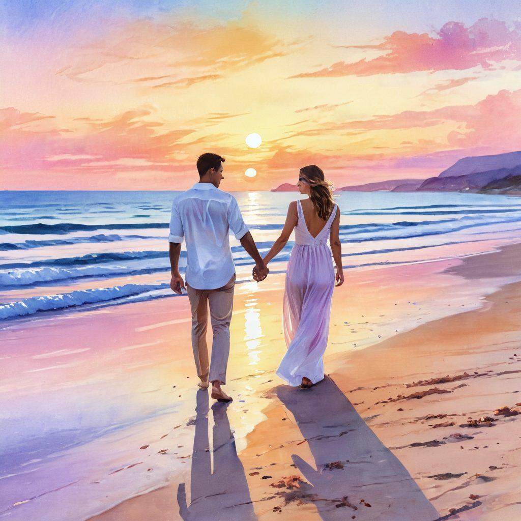 A romantic couple holding hands while walking on a scenic beach at sunset, with soft pastel colors blending into the sky. In the background, there are faint outlines of favorite moments like a proposal, wedding, and shared laughter. An overlay of delicate, semi-transparent notes with expert relationship advice creates an engaging composition. watercolor. warm tones. dreamy atmosphere.